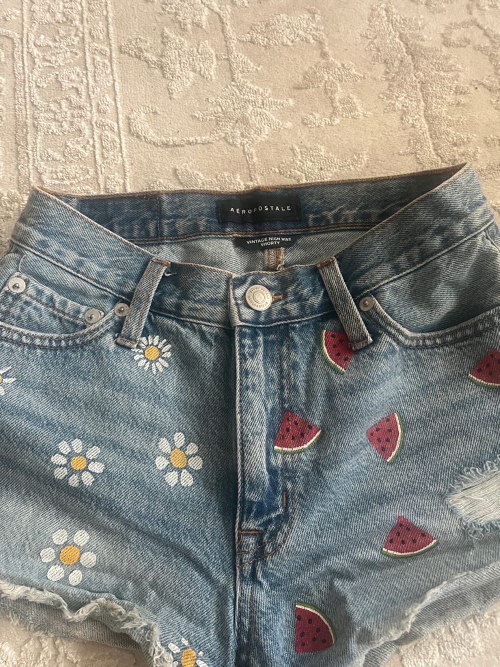 Aeropostale Light Blue Denim Shorts with Daisy and Watermelon Prints